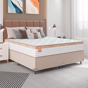 Cama Box Casal Queen Colchão Molas Ensacadas Real 158x198x65cm Branco / Bege - Suporta até 130kg