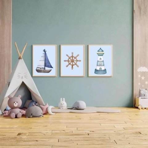 Kit 3 Quadros Decorativos Infantil - Barquinho do Mar NO2 - 40x60 - Moldura Madeira
