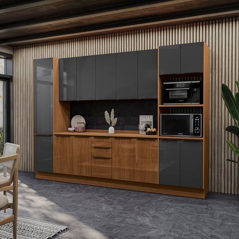 Cozinha Compacta Modulada 6 Peças com Torre Quente e Paneleiro Vibra Marrom/Canela/Grafite