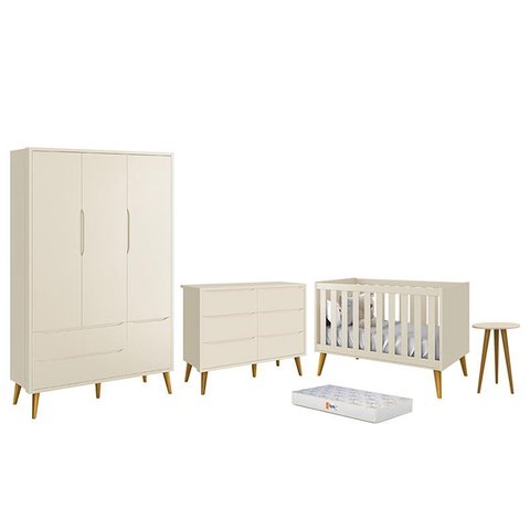 Dormitório Infantil Theo 3 Portas, Cômoda 6 Gavetas, Berço, Mesa de Canto Areia Fosco com Pés