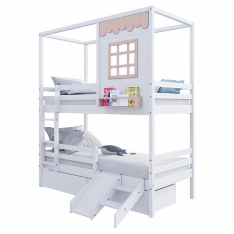 Beliche Infantil Casinha Reta com 02 Gavetas Escorregador e Grade Removível Madeira Maciça Branco