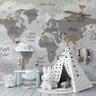 Papel De Parede Infantil Mapa Mundi Cinza Escuro Com Nuvens - 1