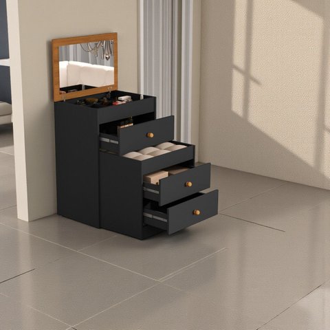 Penteadeira Mdf Compartimento Maquiagem Banqueta 3 Gavetas:preto