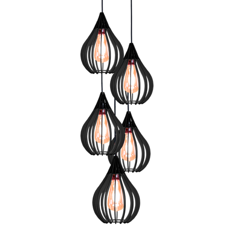 Combo 5 Pendentes Chile, Luminária de Teto Cozinha e Sala, Lustre Gota Rústico em Madeira MDF (18x25