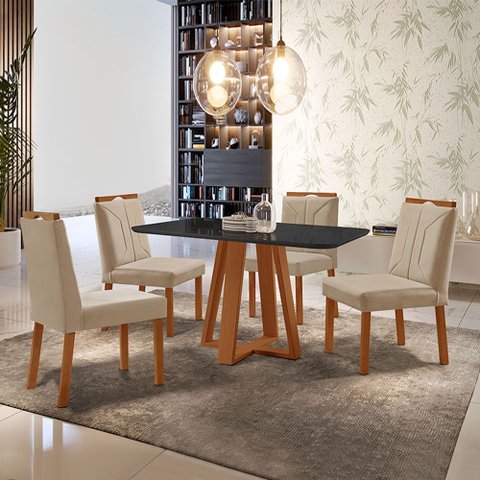 Conjunto Sala de Jantar Mesa Floripa Madeira Maciça 120x80cm Tampo Retângular Vidro Preto com 4 Cade