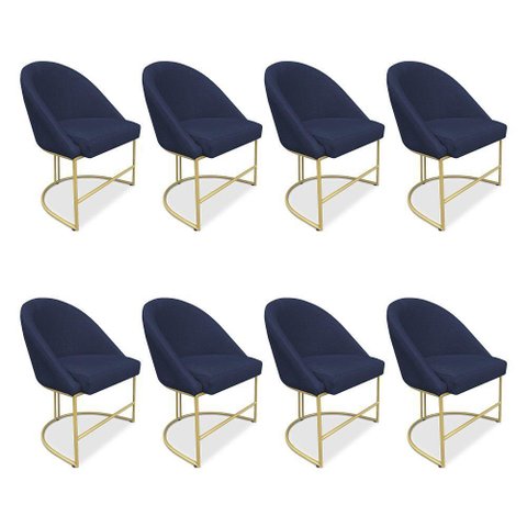 Kit 08 Cadeiras Poltrona de Jantar Bela Suede Azul Marinho Base Metálica Industrial Dourado