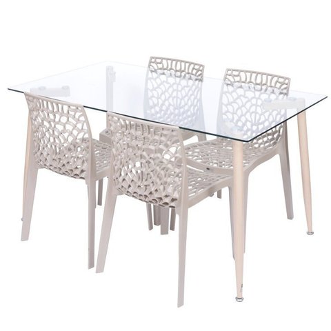 Conjunto de Sala de Jantar Mesa com Tampo de Vidro com 4 Cadeiras Gruvyer Or Design Espresso Móveis Bege