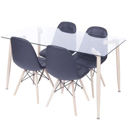 Conjunto Mesa Tampo de Vidro com 4 Cadeiras Botonê Estofadas Espresso Móveis Preto