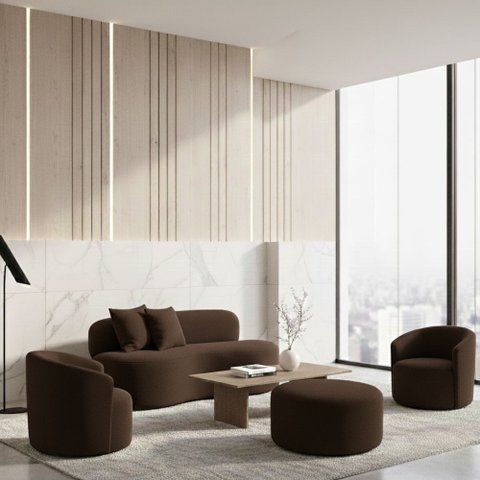 Conjunto 02 Poltronas + Sofá e Puff Curvo Orgânico Nature Gaia Boucle Marrom- Montanaris Decor
