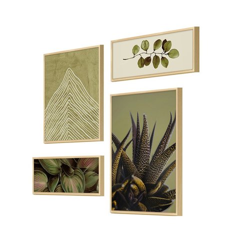 Kit 4 Quadros Verde Folhagens Abstrato Boho Linhas Decorativo