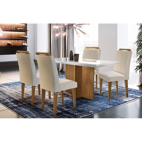 Sala de Jantar Completa Berlim Tampo c/Vidro 120cm Canto Reto + 4 Cadeiras Athenas Imbuia/Creme - Ru