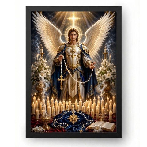 Quadro Quaresma de São Miguel com Presença Angelical Solene 30x42cm Moldura Preta