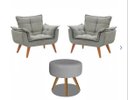 Ver imagem 1 de Kit 2 Poltronas Decorativa Opala com Puff Redondo Suede Cinza - Twdecora Opalla