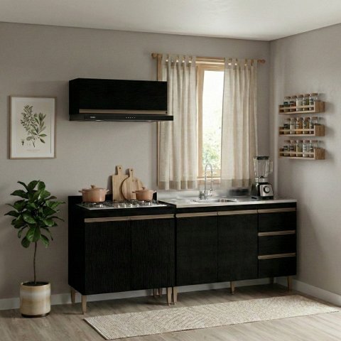 Armário de Cozinha Compacta Modulada 3 Peças 200cm Milão Menu Móveis Preto