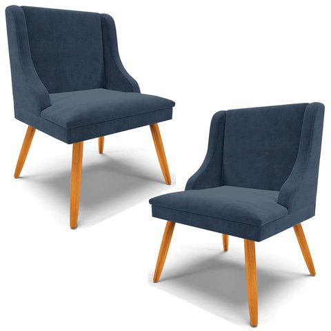 Kit 2 Cadeiras Decorativas Sala de Jantar Pés Palito de Madeira Firenze Suede Azul Marinho/Natural G