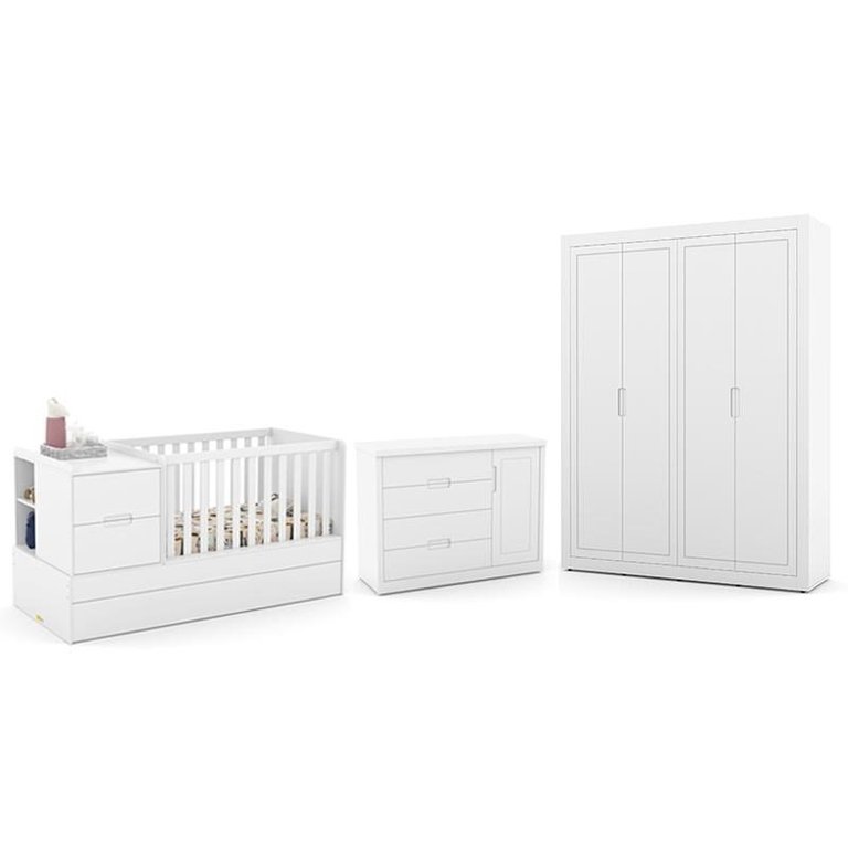 Dormitório Completo Infantil Tutto New 4 Portas, Cômoda e Berço Multifuncional Formare Branco Soft - Dormitório Completo Infantil Tutto New 4 Portas, Cômoda e Berço Multifuncional Formare Branco Soft -