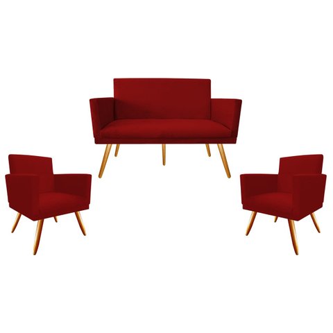 Kit Namoradeira + 2 Poltronas Decorativa Nina Suede Vermelho Pés Madeira Mz Decor