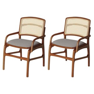 Jogo 2 Cadeiras de Jantar Florença Estrutura em Madeira Jequitibá Terra Braço Encosto Palha Linho Ci