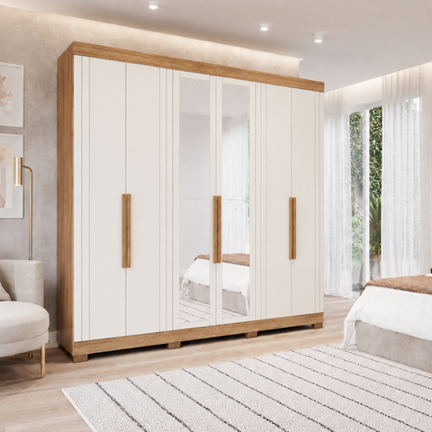 Guarda Roupa Maite 6 Portas com Espelhos e Pés MDF