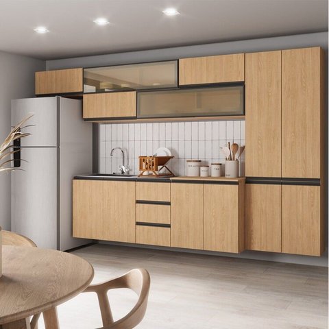 Cozinha Modulada 8 Peças 5 Aéreos 2 Balcões 1 Paneleiro Nara CabeCasa MadeiraOriginals Marrom/Avena