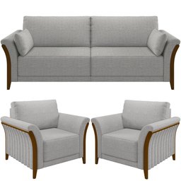 Kit Sofá 03 Lugares Sala Estar 222cm com 02 Poltronas Stefan Pés Madeira M03 Linho Cinza - Lyam Deco - 1