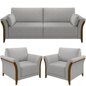 Kit Sofá 03 Lugares Sala Estar 222cm com 02 Poltronas Stefan Pés Madeira M03 Linho Cinza - Lyam Deco