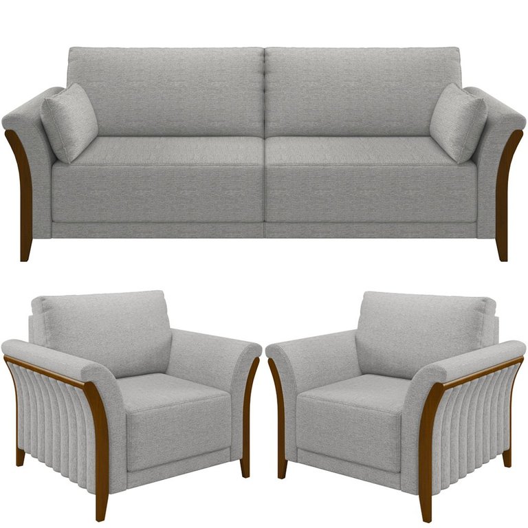 Kit Sofá 03 Lugares Sala Estar 222cm com 02 Poltronas Stefan Pés Madeira M03 Linho Cinza - Lyam Deco