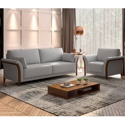 Kit Sofá 03 Lugares Sala Estar 222cm com 02 Poltronas Stefan Pés Madeira M03 Linho Cinza - Lyam Deco - 3