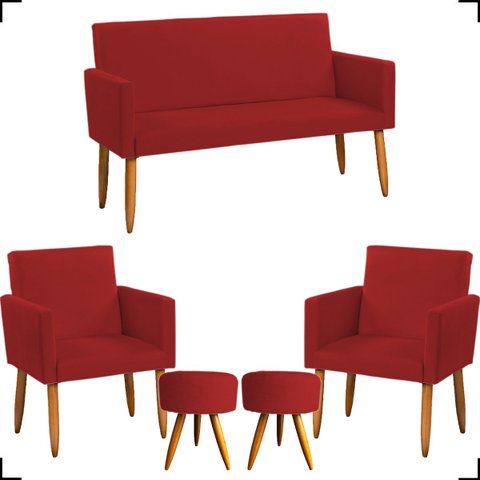 Kit Namoradeira Decorativa + 2 Poltronas Para Sala Reforçadas + 2 Puff Redondo Suede Bordô