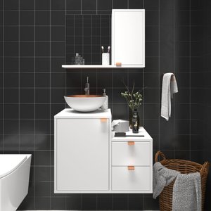 Conjunto de Banheiro Completo 60cm Gabinete com Armário + Cuba + Espelheira Branco com Cobre Nuestra