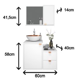 Conjunto de Banheiro Completo 60cm Gabinete com Armário + Cuba + Espelheira Branco com Cobre Nuestra - 7