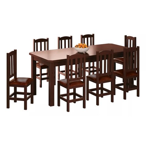 Mesa com 8 Cadeiras de Madeira 200x88 Castanho com Estofado Marrom Nemargi