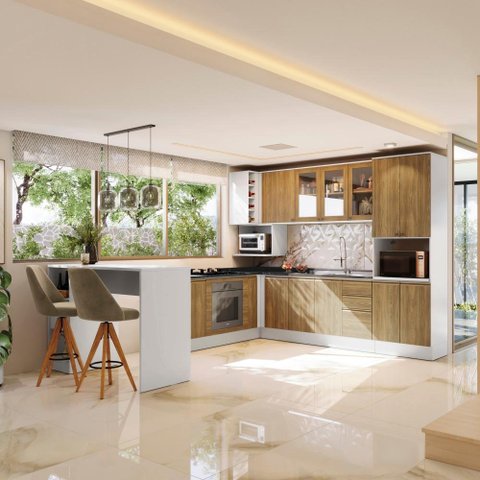 Cozinha de Canto Modulada Celeste Kappesberg 100% Mdf Branco/nogueira