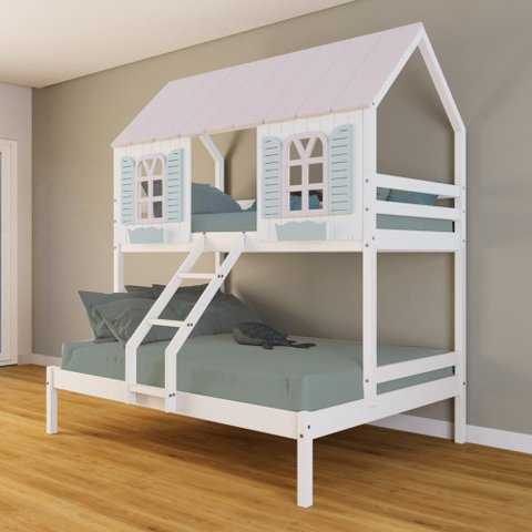 Beliche Casal/ Solteiro Casinha Bela - Madeira Maciça Branco/rosa/verde | Housin