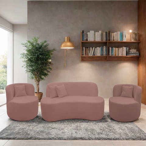 Kit 2 Poltrona com Sofá Curvo 2 Lugares Feijão Forma Orgânica 1,50 Bouclé Maranata