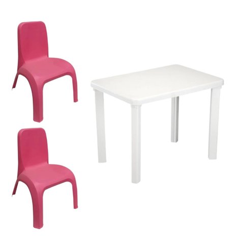 Kit Mesa Plástica Infantil Branca e 2 Cadeiras Rosa