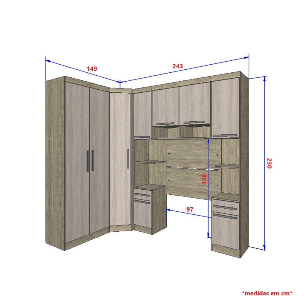 Guarda Roupa Dormitório Modulado Master Solteiro Canto - Avelã e Ártico Rústico - Roupeiro Luciane M - 4