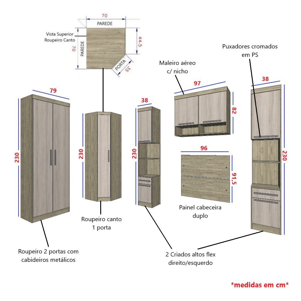 Guarda Roupa Dormitório Modulado Master Solteiro Canto - Avelã e Ártico Rústico - Roupeiro Luciane M - 3