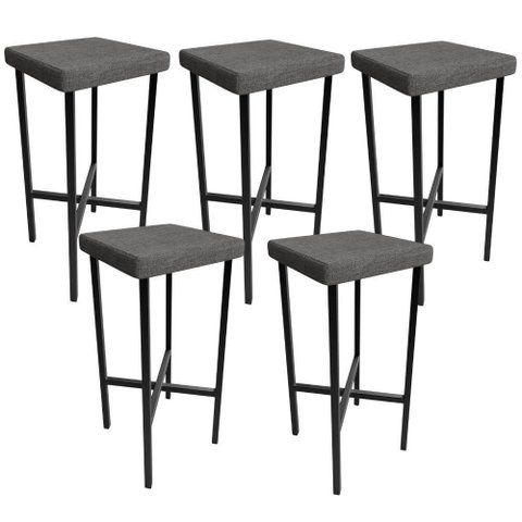 Kit 05 Banquetas Alta Bar Cozinha Sala de Jantar Preto Stella L02 Linho Cinza Escuro - Lyam Decor