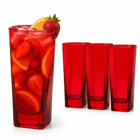 Kit 3 Copos Vermelho 315ml Vintage Quadrados de Vidro Taca Alta Suco Agua Drink Casa Restaurante