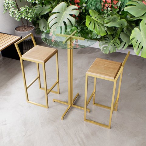 Jogo Mesa Alta Bistrô Redonda Vidro 2 Banquetas Pinus Confort Industrial Dourado Don Castro Decor In