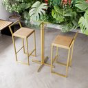 Ver imagem 1 de Jogo Mesa Alta Bistrô Redonda Vidro 2 Banquetas Pinus Confort Industrial Dourado Don Castro Decor In
