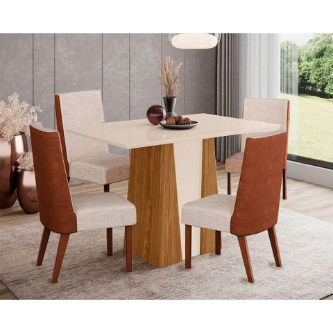 Conjunto: Mesa Sala Jantar Orus Tampo Madeirado C/ Vidro 120x80cm e 4 Cadeiras Anne Nature/courano/