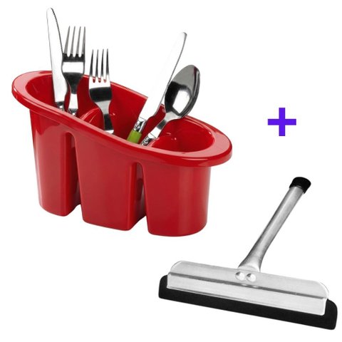 Kit Escorredor Talheres C/ 3 Divisorias + Rodo de Aluminio para Pia Rodinho 15cm - Panami