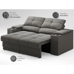 Sofá com Porta Copos e Carregador USB Retrátil e Reclinável Ringo 1,70m Velosuede Cinza - - 4