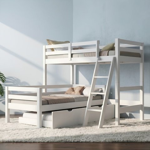 Cama Treliche em L com Auxiliar Solteiro Madeira:Branco