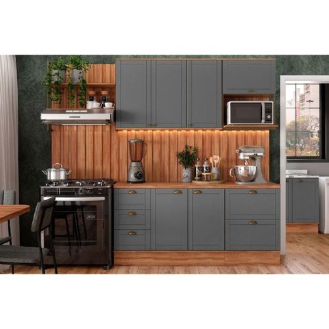 Cozinha Modulada Completa Bella 9 Peças (2aéreos+2balcões+5complementos) C9p60 Nogal/cinza -