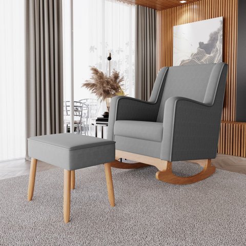 Poltrona Amamentação Aquila Balanço com Puff Linho Grafite - Ideal Moveis