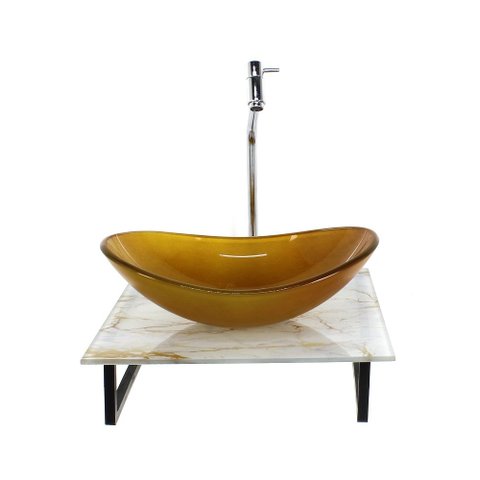 Gabinete de Vidro com Cuba Oval Jateada com Tampo de Vidro 40cm X 40cm Mármore Branco Dourado Mais T