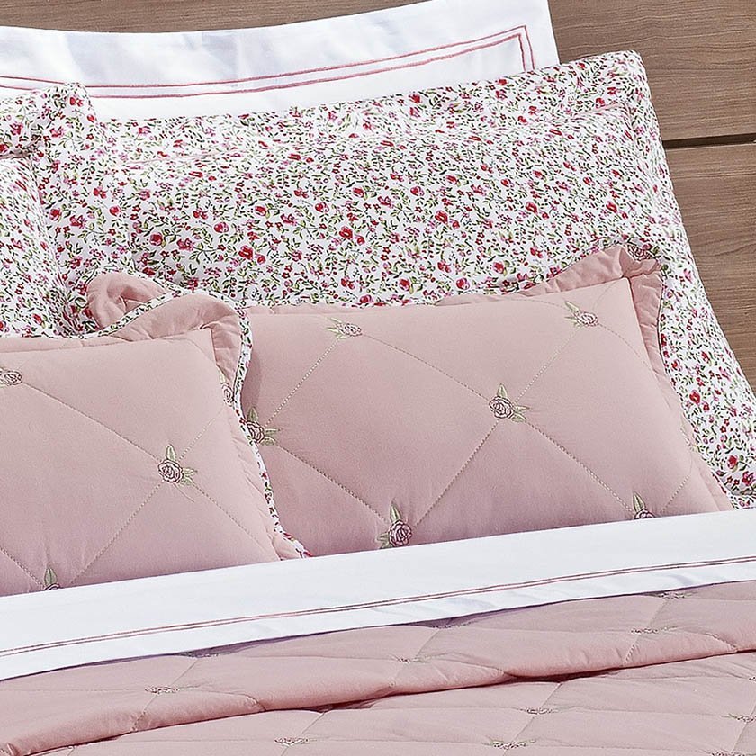 KIT INAMORATA ROSA 09 PEÇAS - COBRE LEITO + JOGO DE CAMA + AMOFADAS DECORATIVAS PERCAL 200 FIOS Casa - 4